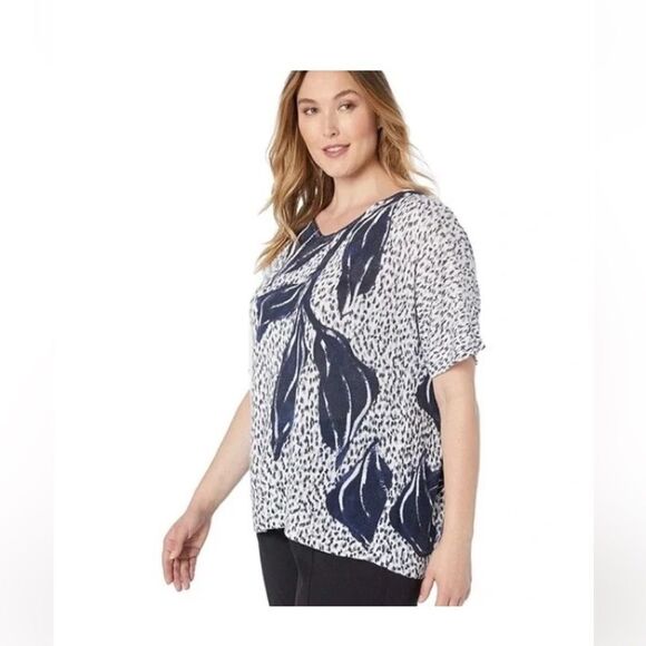 Nic + Zoe Linen Blend Sweater short sleeve white and blue flower large - Picture 3 of 12